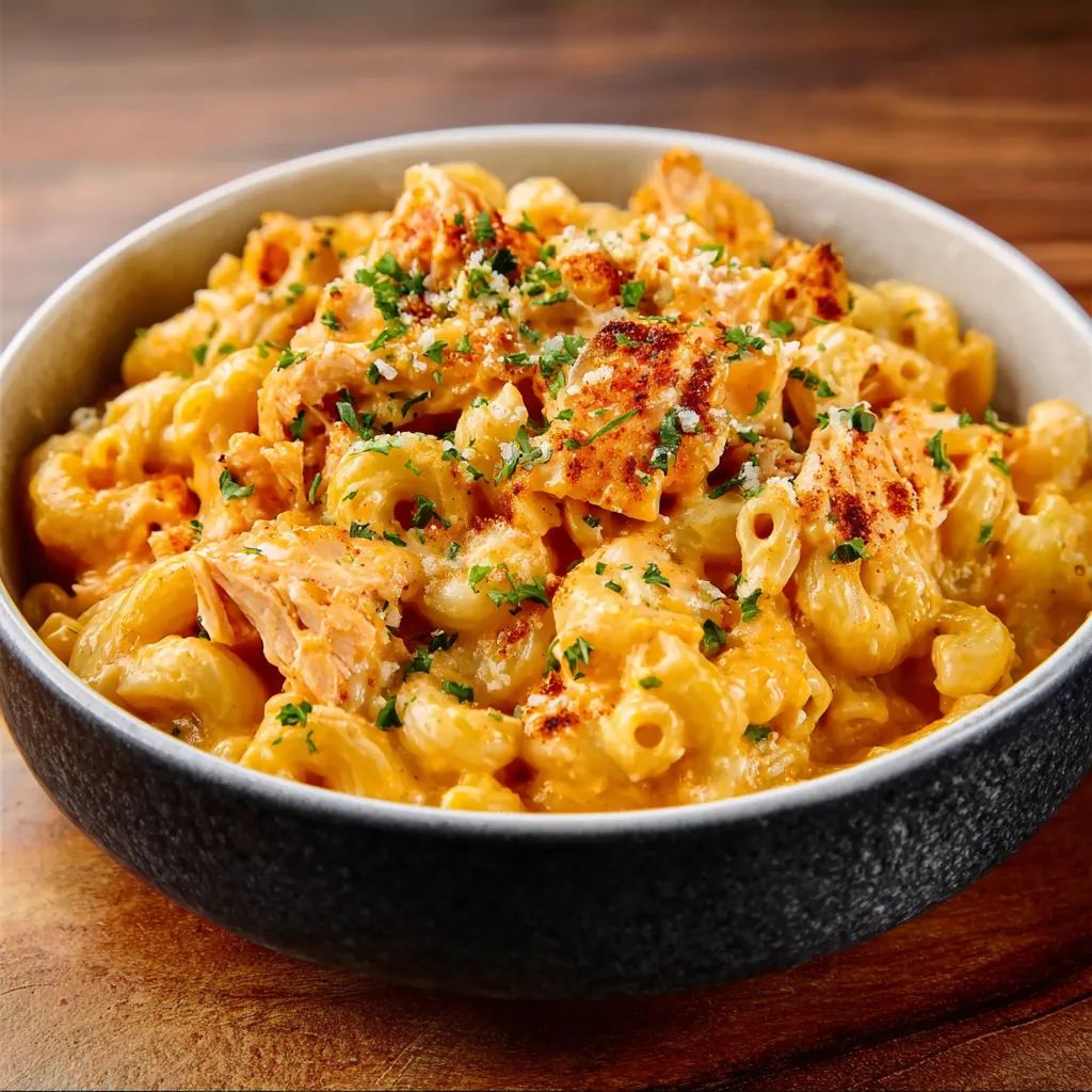 Close-up of creamy Buffalo Chicken Mac and Cheese with visible chicken pieces and a cheesy topping.