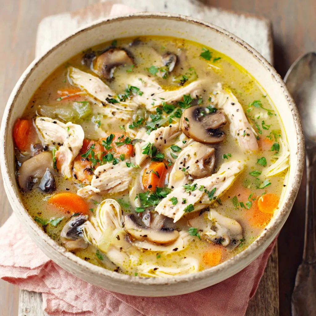 A close-up view of a bowl of creamy Chicken Mushroom Soup, showcasing the tender chicken and earthy mushrooms.
