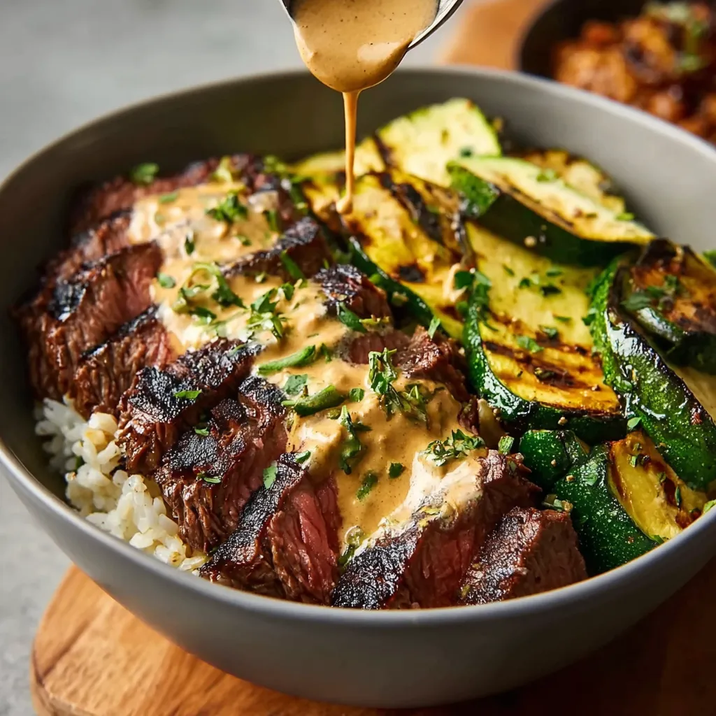 Close-up of a delicious Grilled Steak Bowl featuring perfectly grilled steak, fresh vegetables, and a flavorful sauce.