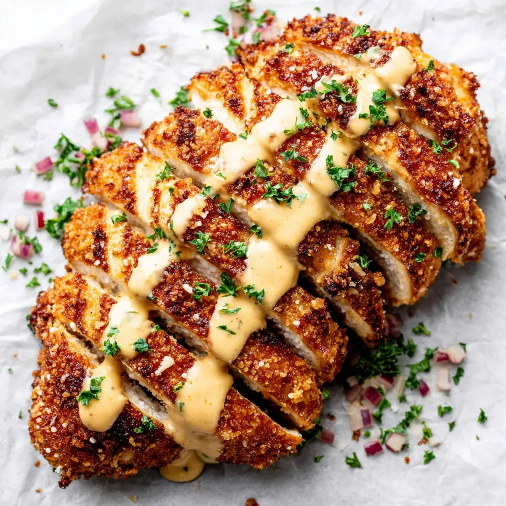 Another delicious view of crispy, golden-brown Pretzel Chicken.