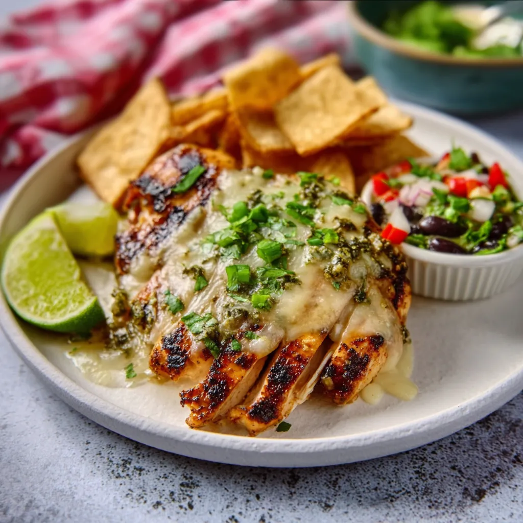 Grilled Salsa Verde Pepper Jack Chicken is shown as a delicious and flavorful featured image.