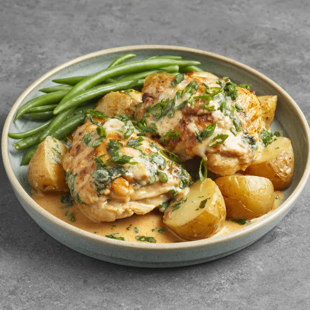 Garlic Parmesan Crockpot Chicken and Potatoes, a comforting and delicious one-pot meal, are showcased in this featured image.