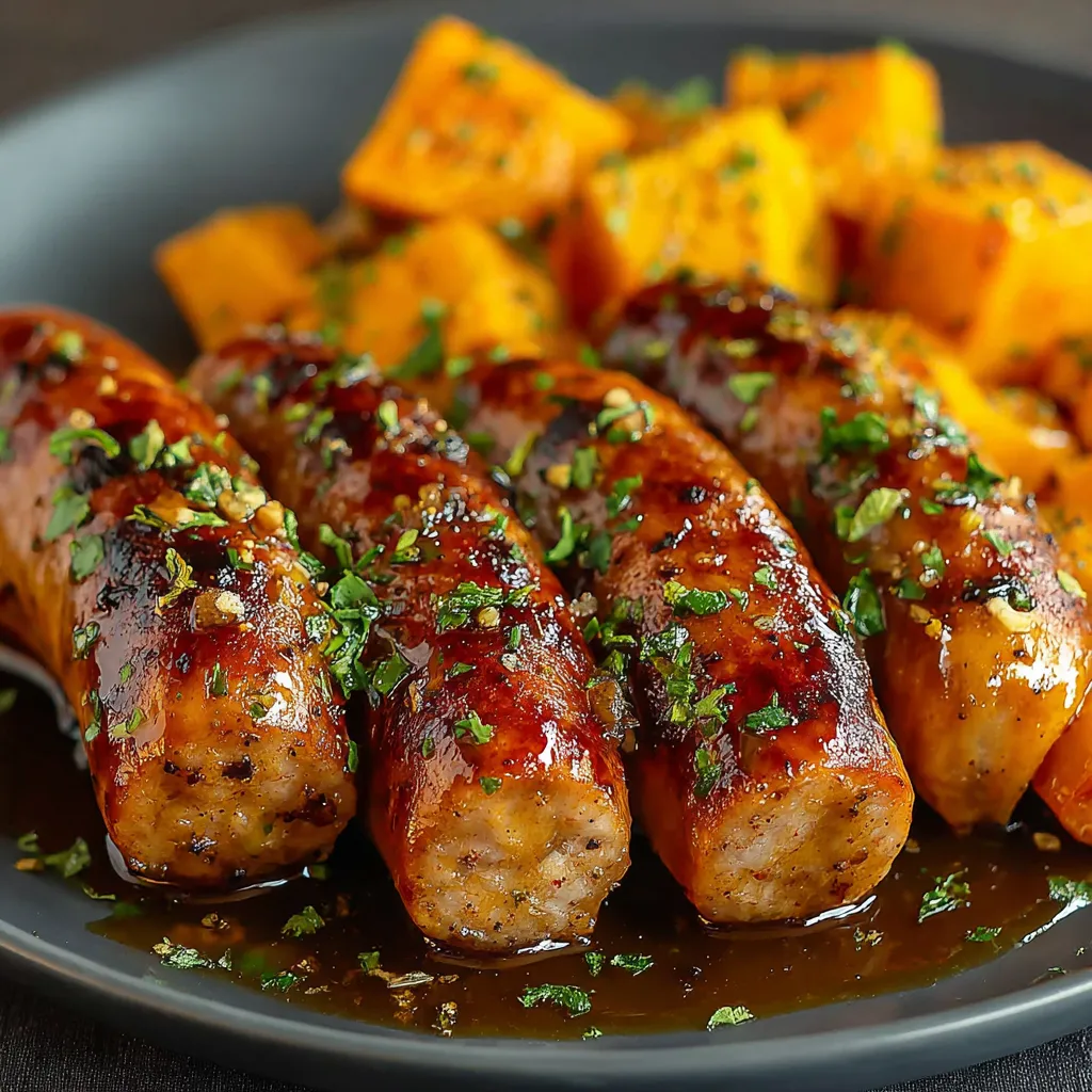 Honey Garlic Sausage Sweet Potatoes are displayed as the featured image for this delicious and easy recipe.