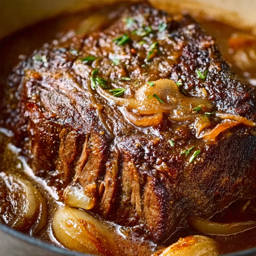 Close-up of a delicious French Onion Pot Roast, showcasing the rich gravy and tender beef.